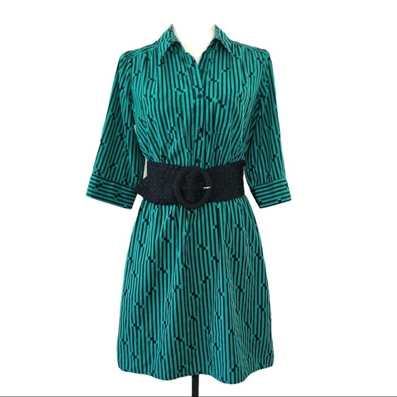 IZ Byer Green and Black Striped dress with 3.5 in wide woven elastic belt Sz M - Picture 1 of 14
